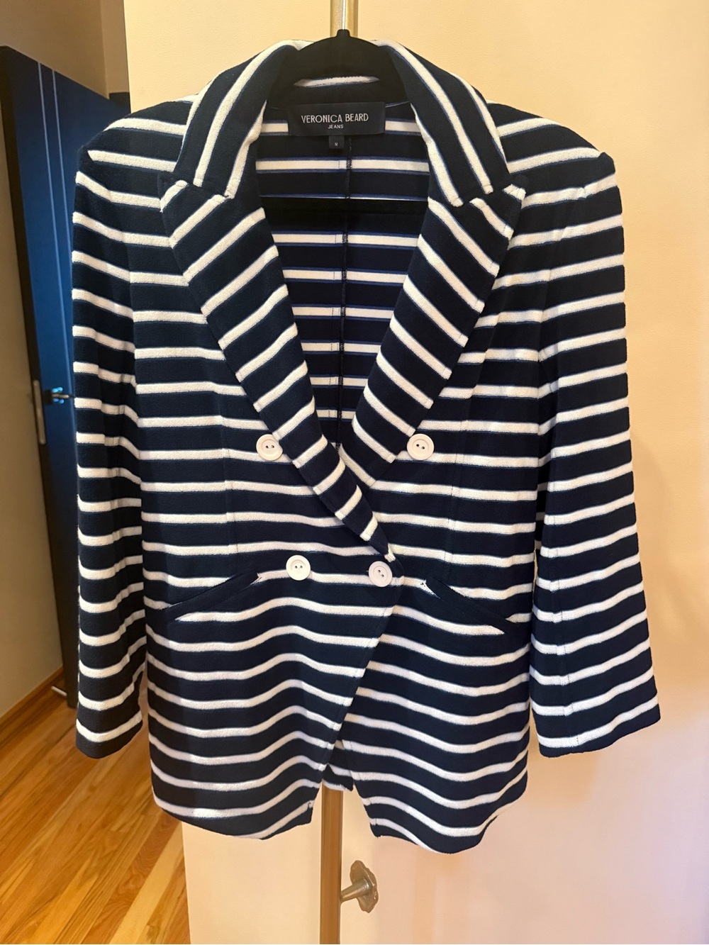 Veronica Beard Navy & White Terry Striped Double-Breasted Blazer